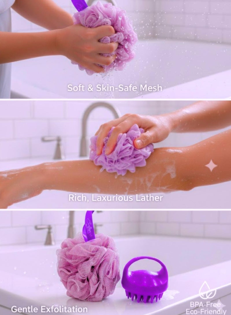 SOLARAE 2-in-1 Shower Loofah & Scalp Massager Shampoo Brush Set – Exfoliating Bath Sponge Body Scrubber + Silicone Hair Scalp Scrubber for Dandruff Removal, Deep Clean Shower Accessories for Men & Women (Purple) - Image 4